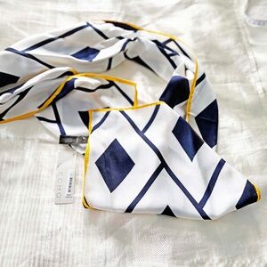 100% SILK SCARF, by ECHO, YELLOW/NAVY/WHITE, 59 X 11 INCHES, MADE IN JAPAN,